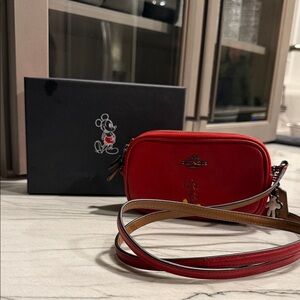 Limited Edition Coach Red Crossbody Bag with Mickey Mouse Accent